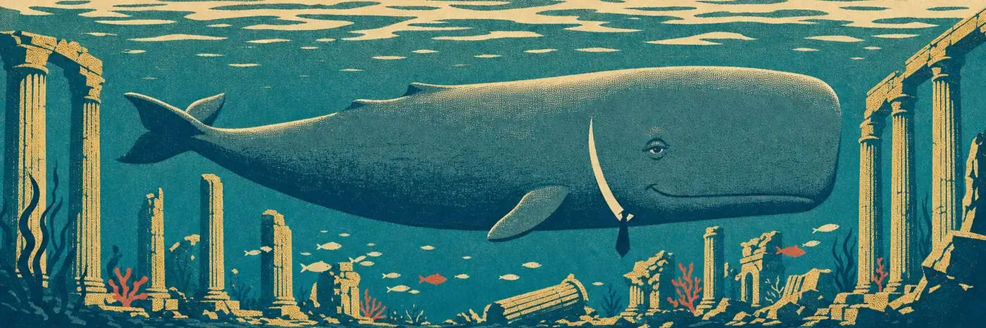 A wide screen-print of the whale swimming in profile past the sunken columns of a great hall