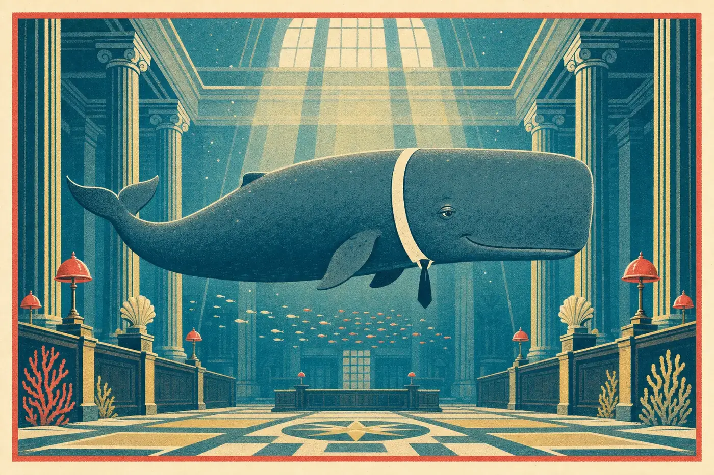 A screen-print of an enormous whale in a banker's collar floating in a flooded columned banking hall